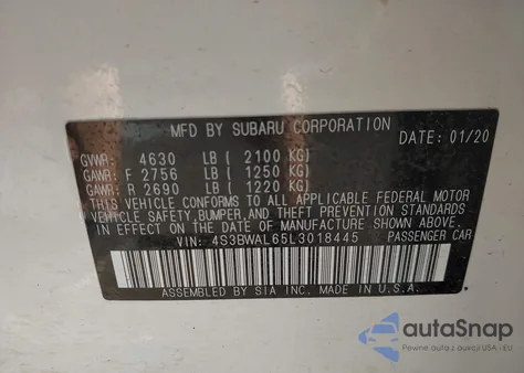 2020 Subaru Legacy Limited z USA, uszkodzony, nr VIN 4S3BWAL65L3018445